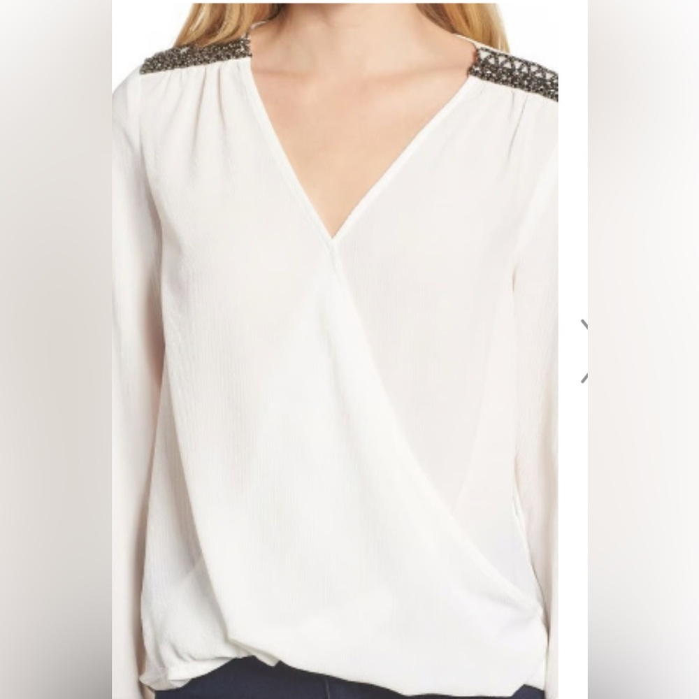 Gibson Winter White Blouse with Embellished Shoulders